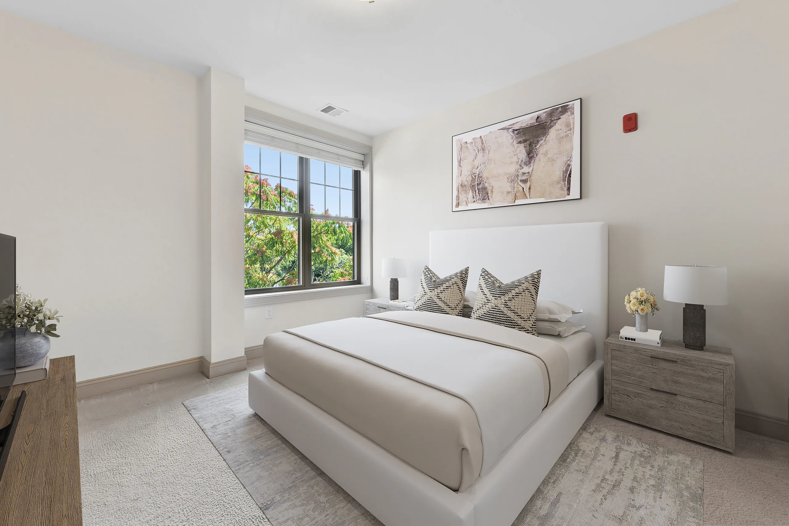 Virtually staged bedroom with king bed at 1580 River St #4D, Hyde Park