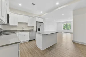 Kitchen with island and quartz worktops opening to the living area at 1580 River St #4D