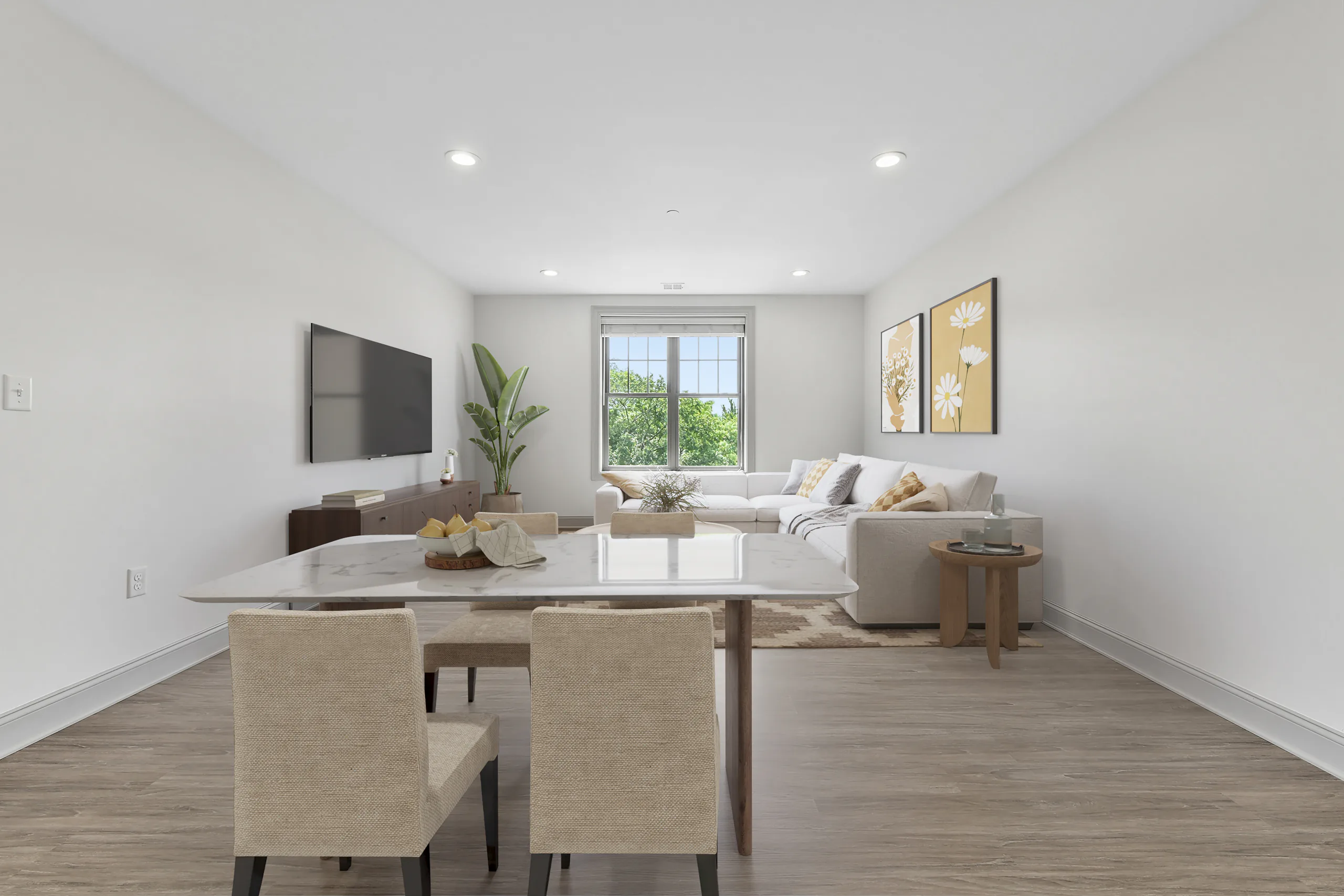 Virtually staged living and dining space at 1580 River St #4D, Hyde Park