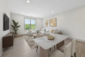 Virtually staged open-plan living and dining room at 1580 River St #4D, Hyde Park