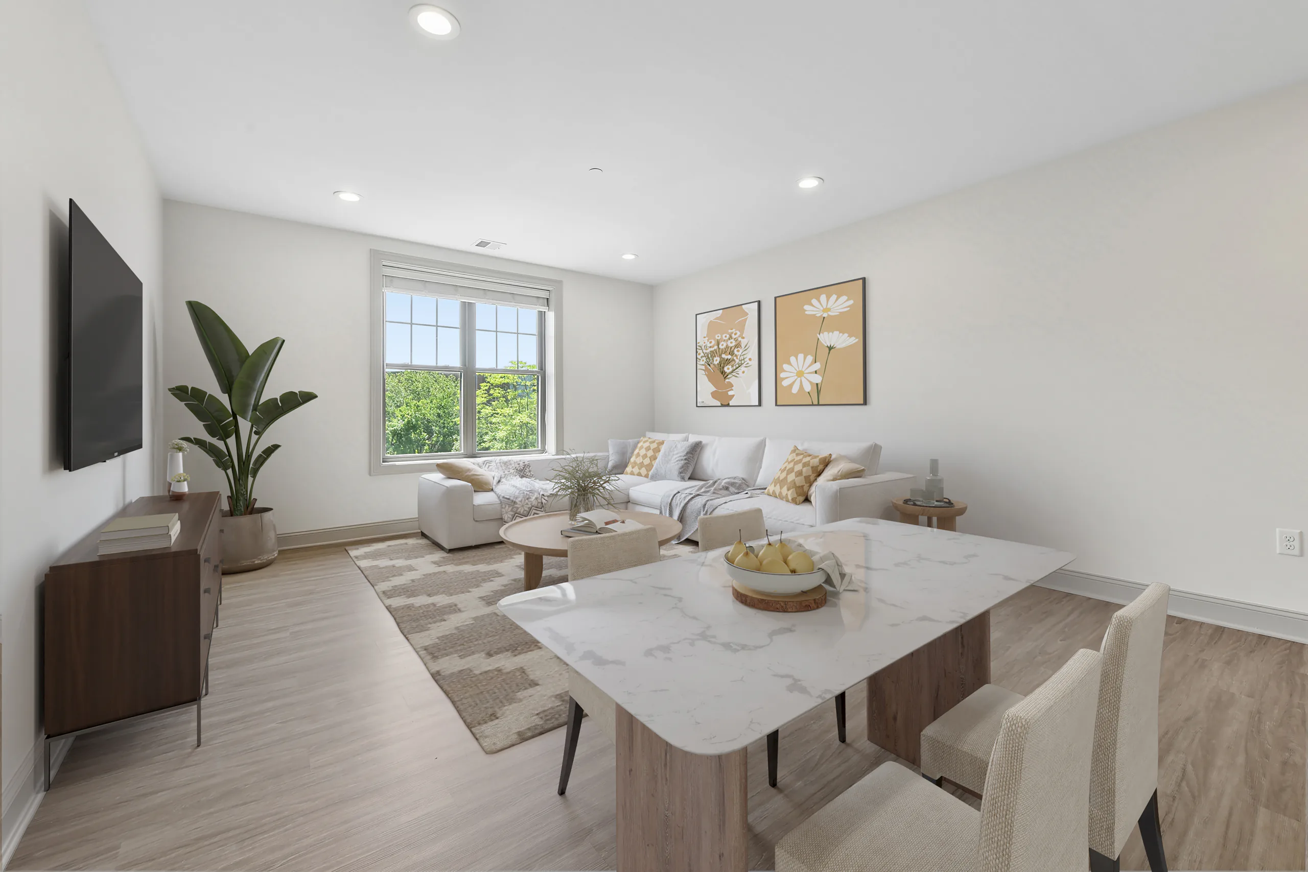 Virtually staged open-plan living and dining room at 1580 River St #4D, Hyde Park